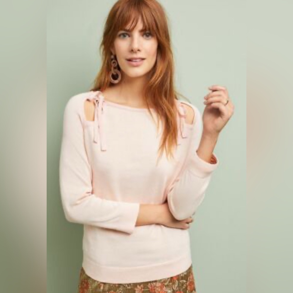 Anthropologie Shioban Pink Shoulder Sweater XS bows Valentines Day Heart